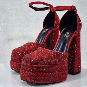 Rhinestone ROCK IT Jewel Red Chunky Heel Dual Platform High Heel Sandal